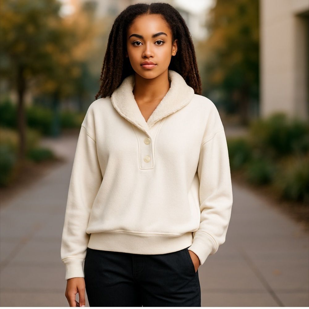 American Eagle Cream Pullover with Fleece Collar